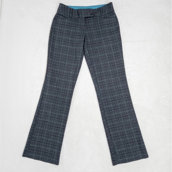 Y2K No Boundaries Plaid Pants - Black Gray Blue Check Stretch Flare Trousers - Picture 1 of 7